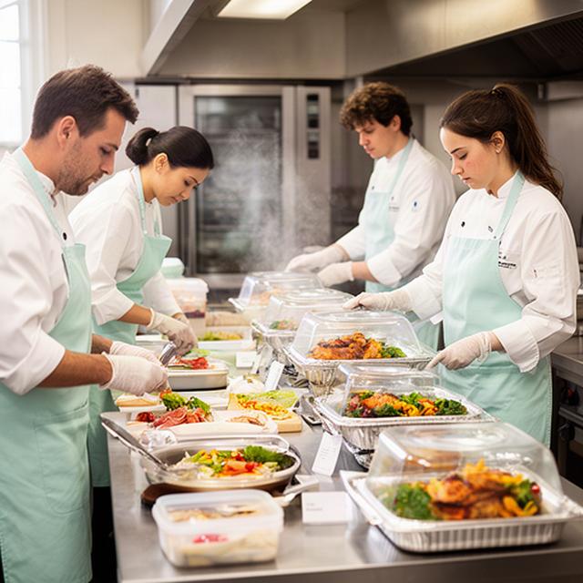 Catering team preparing labelled buffet trays in a clean London kitchen